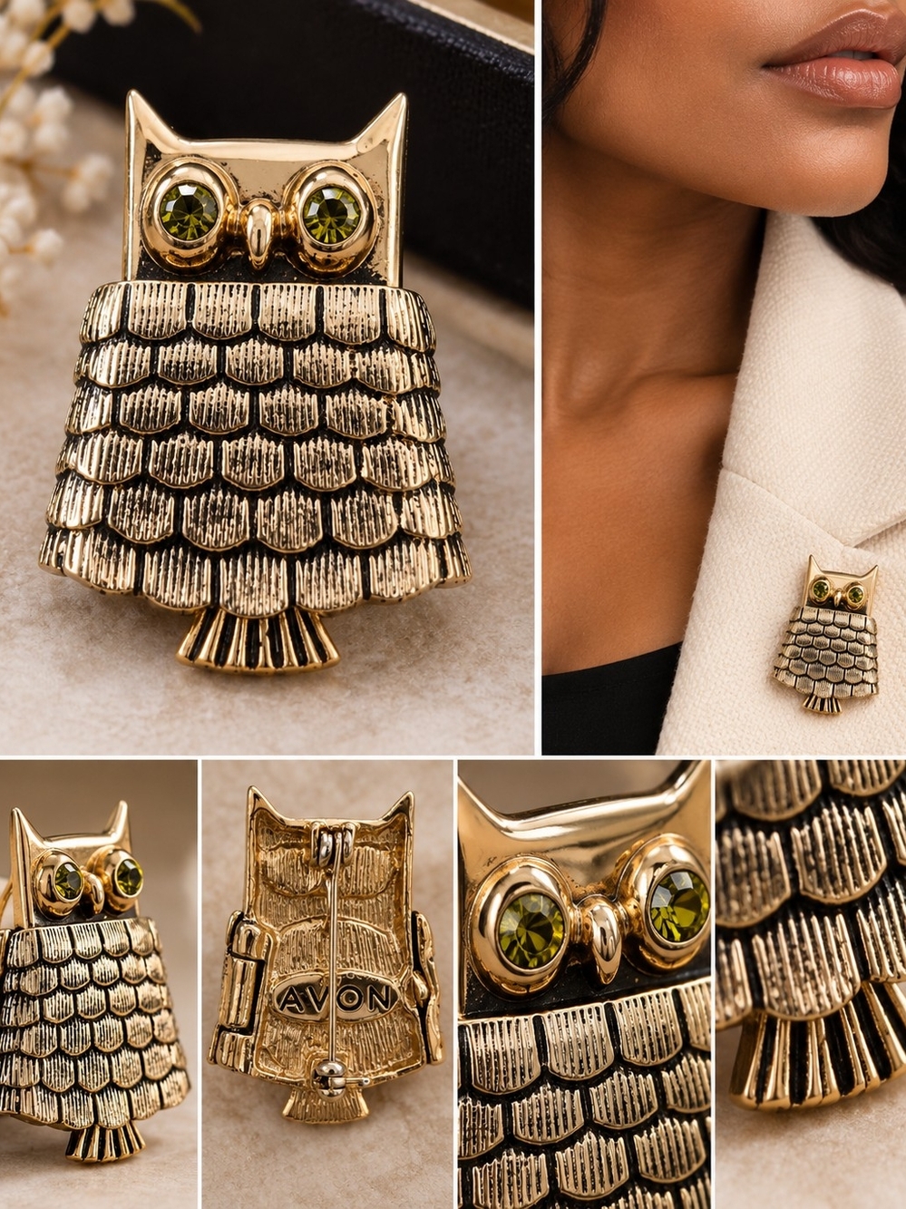 Vintage AVON Gold Tone Owl Brooch Green Rhinestone Eyes Signed Collectible Pin